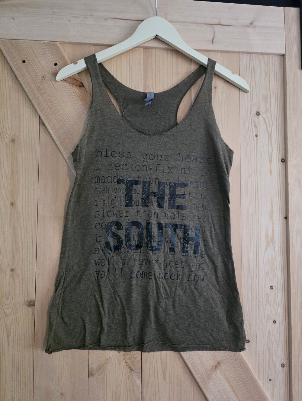 Next Level Apparel Olive Green Graphic Racerback Tank with Navy Print